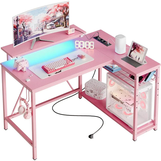 Gaming Desk with Power Outlets,42 LED Small Corner Computer Desk Reversible Storage,L Shaped Desk with Desk,Pink Carbon Fiber