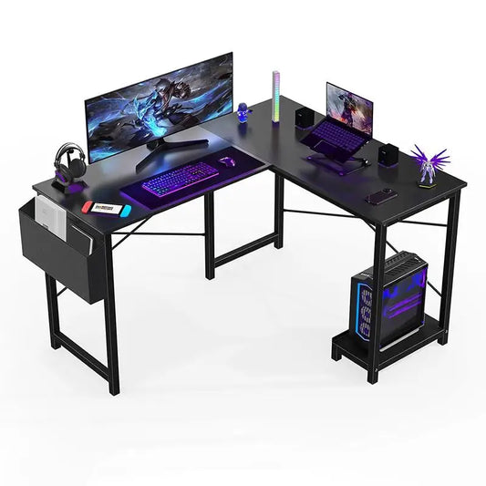 L Shaped Computer Desk - Gaming Table Corner Desk 50 Inch PC Writing Black Desk Study Desks with Wooden Desktop CPU Stand Side