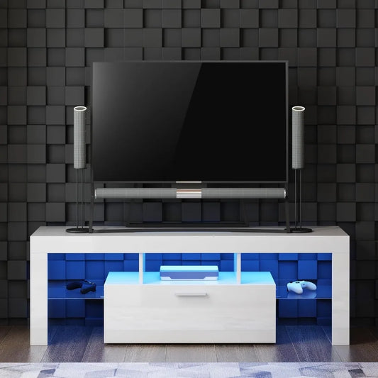 Modern White TV Stand for 32/40/50/55+ Inch TV, Entertainment Center TV Console, 16 Color LED Light Wood TV Table Stand