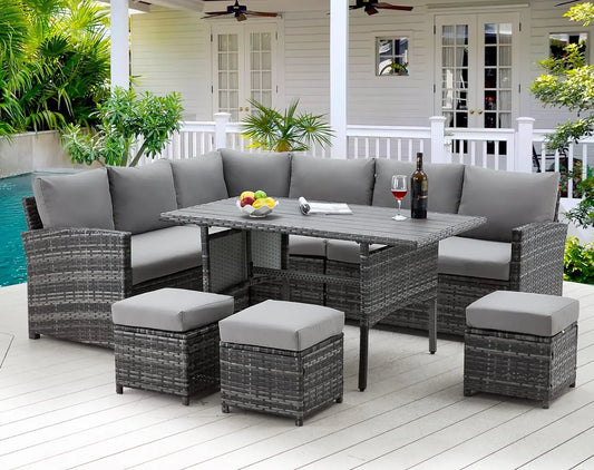 Patio Furniture Set 7 Pieces Outdoor Patio Furniture with Dining Table & Chair All Weather Wicker Conversation Set withOttomanGrey