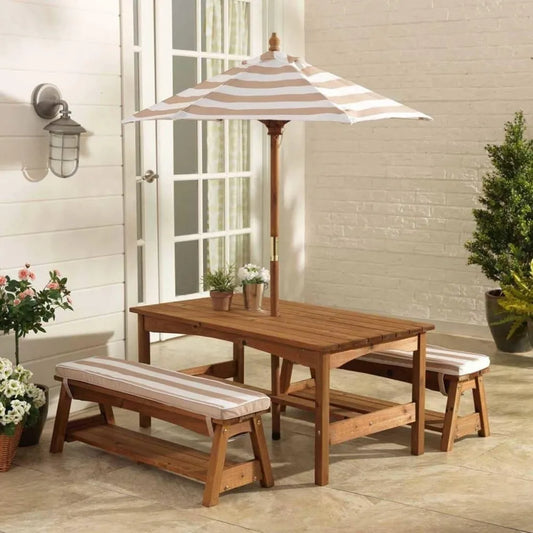 Outdoor Wooden Table and Bench Set with Cushions and Umbrella For Kids