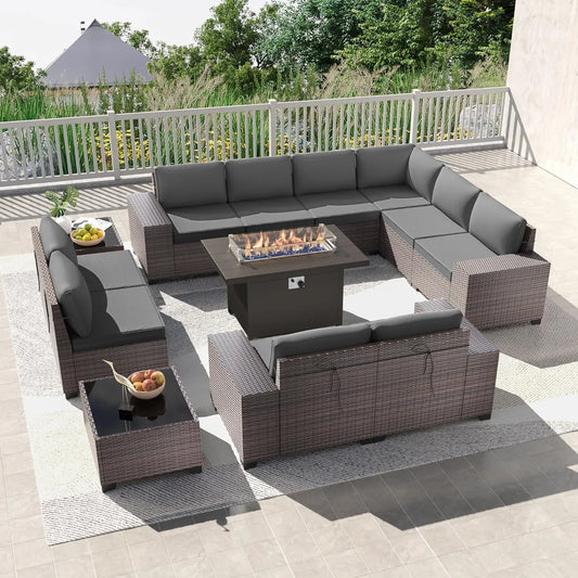 13 Pieces Outdoor Patio Furniture Set with 43" 55000BTU Metal Gas Propane Fire Pit Table PE Wicker Rattan Sectional Sofa Patio