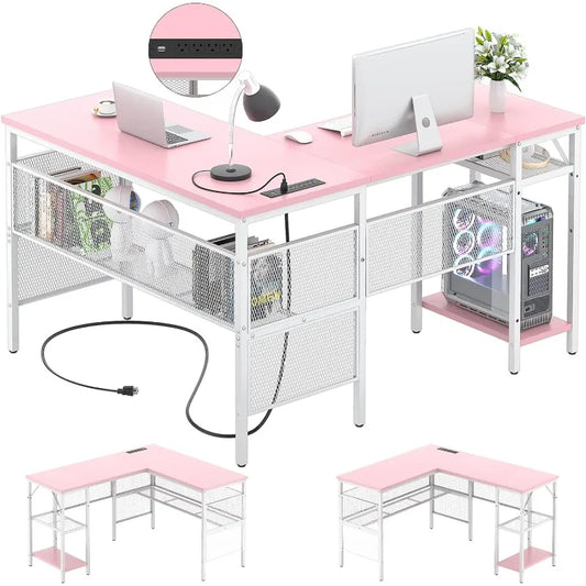 L Shaped Computer Desk with Power Outlet and USB Charging Port, Reversible L-Shaped Office Desks with Storage Shelves,