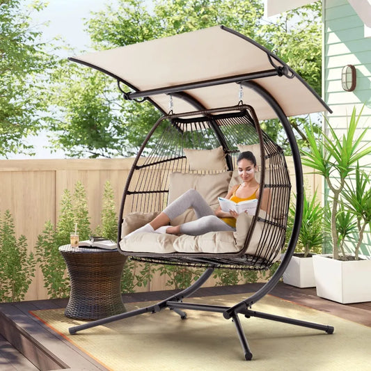 New Egg Chair with Stand, Foldable Hanging Chair, Hammock Cushion and Awning