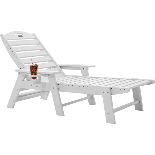 Chaise Lounge Outdoor, Outside Recliner Chair with 6 Positions, HDPE Lounge Chair with Cup Holder, Patio Lounge Chairs