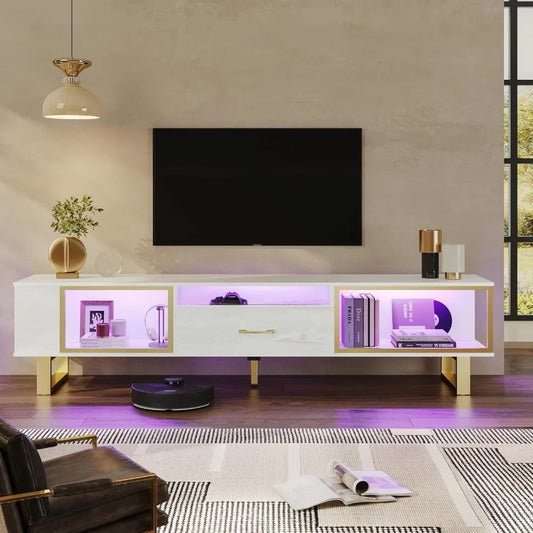 LED TV Stand for TVs up to 80inch, Modern Entertainment Center with Open Storage and Half-Glass Design Drawer, TV Stand