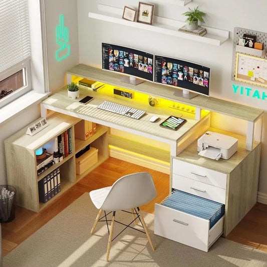 L Shaped Desk with Power Outlets & LED Lights & File Cabinet, 65" Computer Desk Corner Desk, Home Office Desk with Monitor Stand