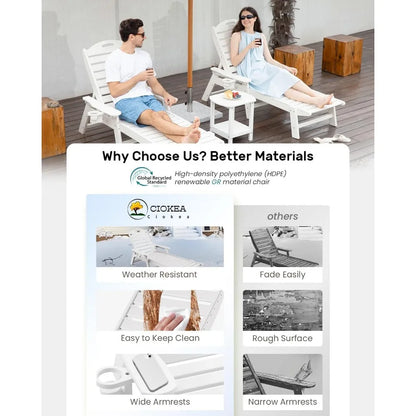 Chaise Lounge Outdoor, Outside Recliner Chair with 6 Positions, HDPE Lounge Chair with Cup Holder, Patio Lounge Chairs