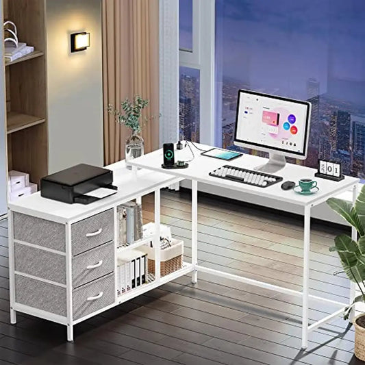 55" / 81“ Corner Desk with Power Outlets USB Ports Drawers & Shelves Home Office Gaming  White L Shaped Modern Design Adjustable Feet