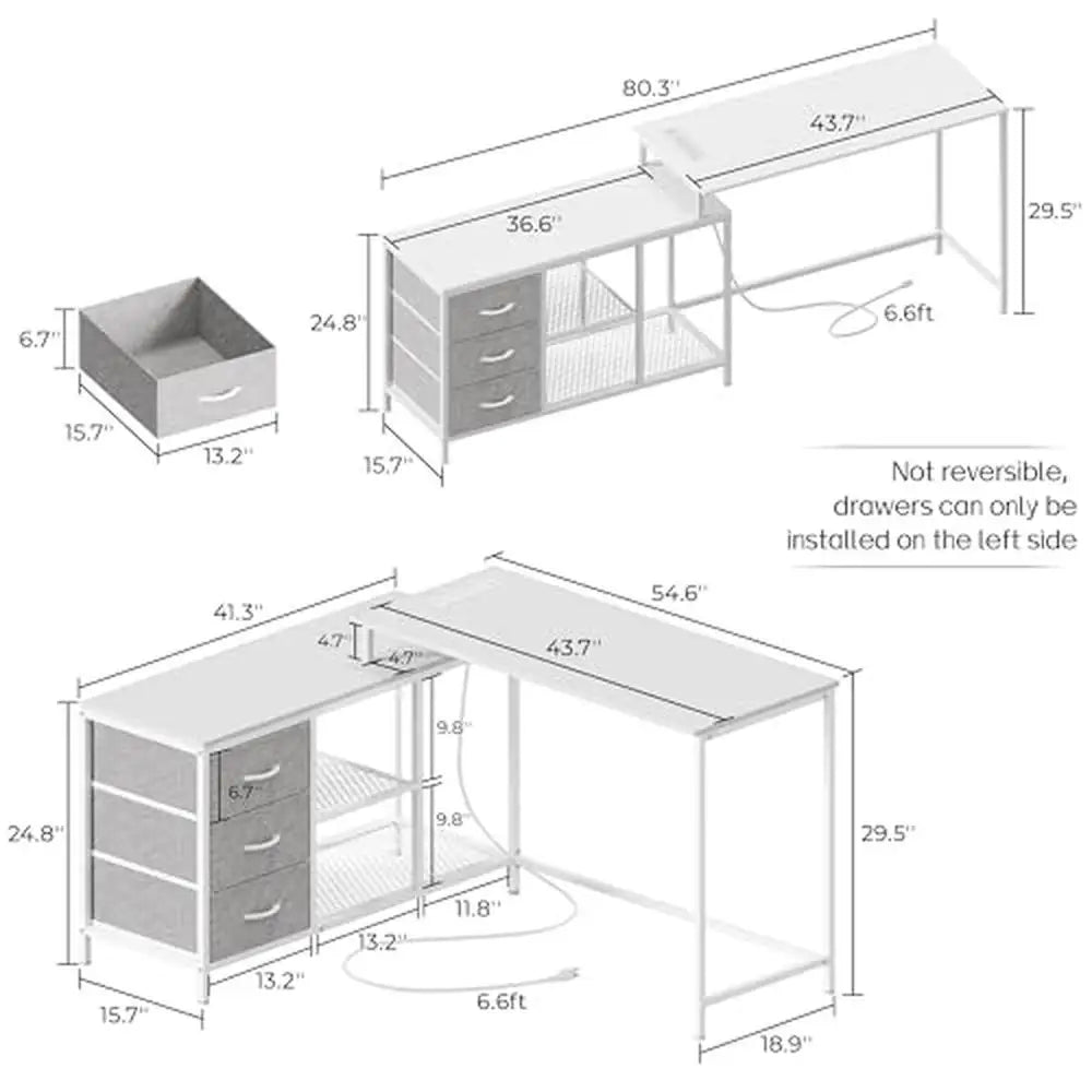 55" / 81“ Corner Desk with Power Outlets USB Ports Drawers & Shelves Home Office Gaming  White L Shaped Modern Design Adjustable Feet