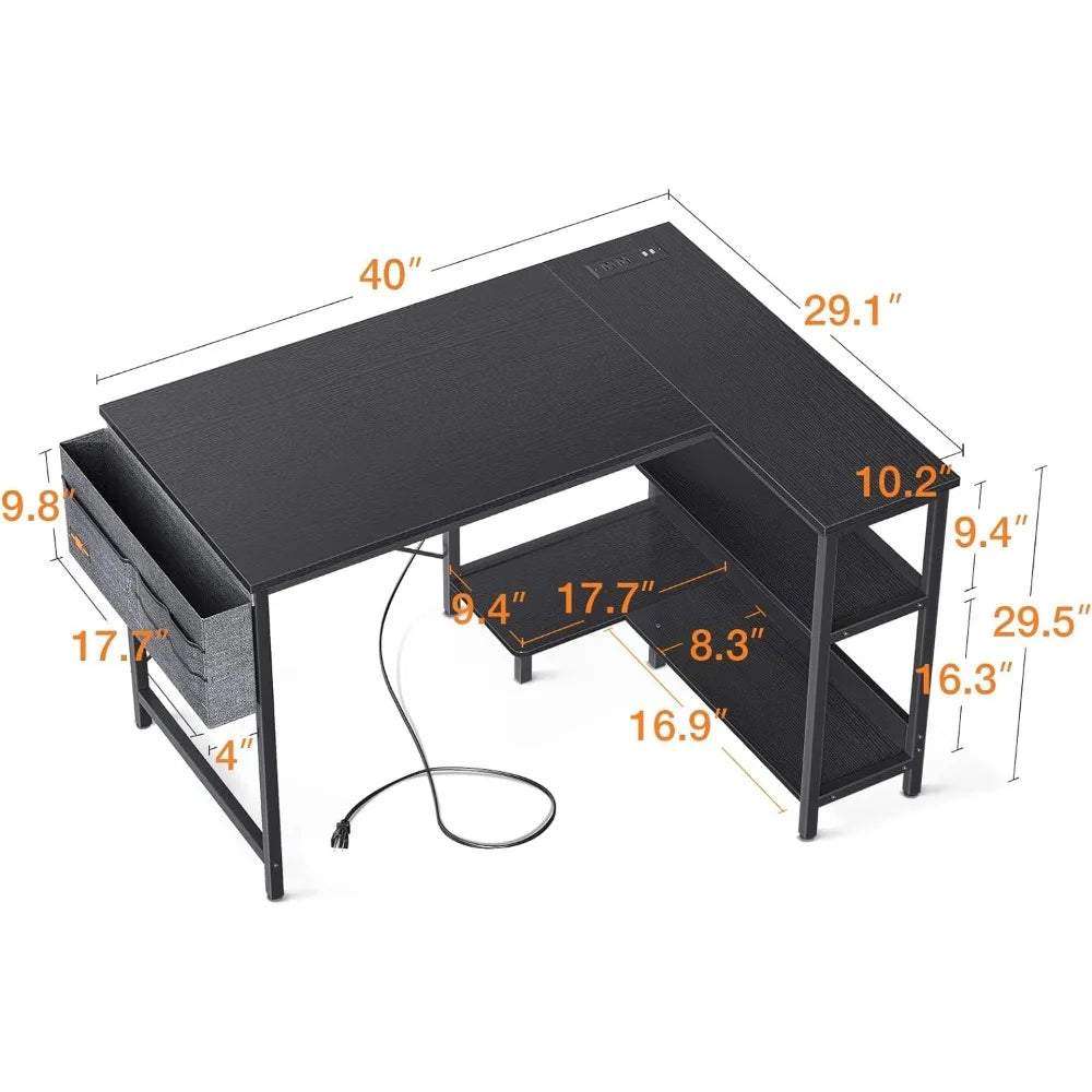 40 Inch Small L Shaped Gaming Computer Desk with Power Outlets, Reversible Storage Shelves & PC Stand for Home Office