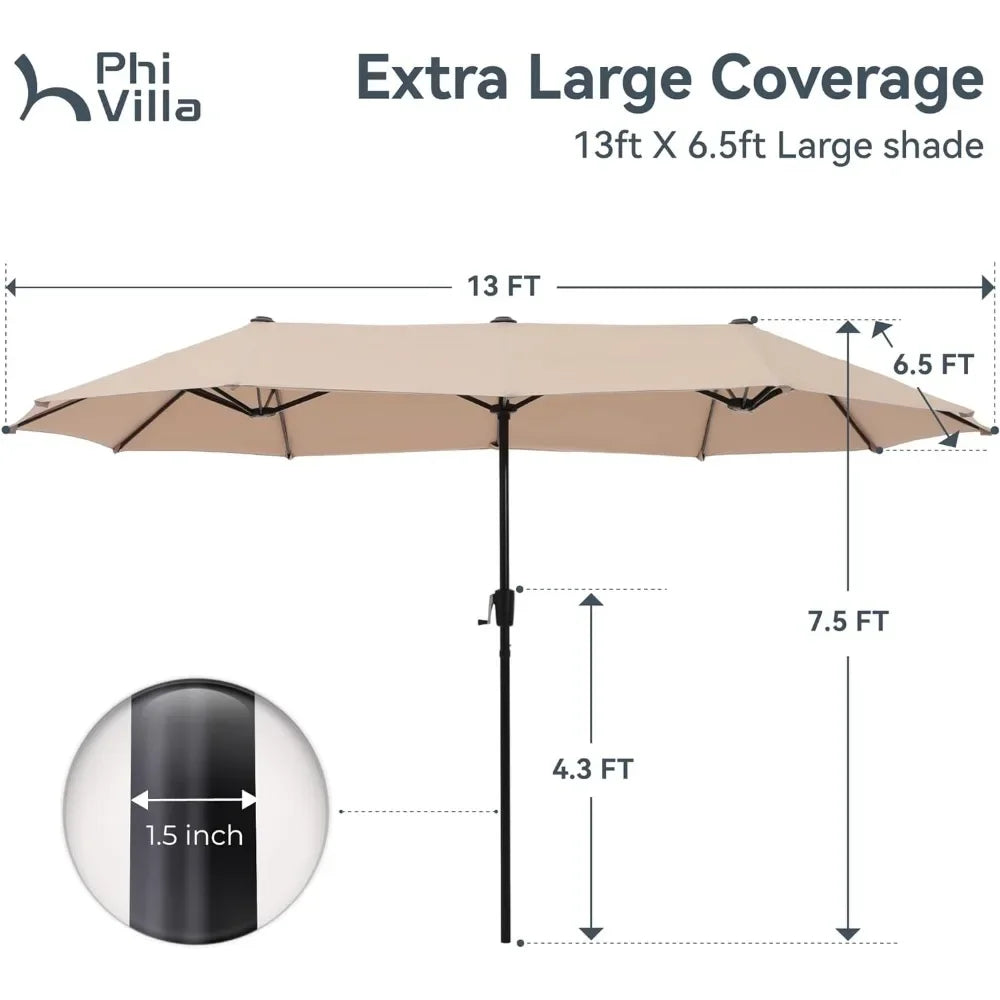 13ft Large Patio Umbrella Double-Sided Twin Outdoor Market Umbrella with Crank Canopy Beige Outdoor Garden Parasol The Beach