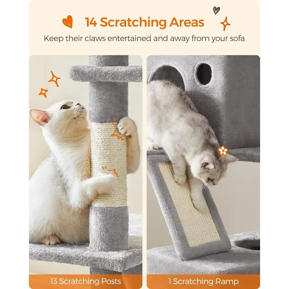 Cat Tree, 81.1-Inch Large with 13 Scratching Posts, 2 Perches, 2 Caves, Cat Tree