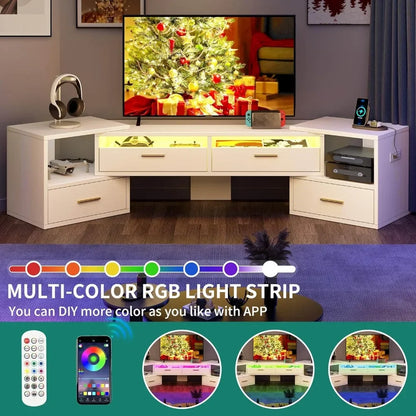 Deformable TV Stand w/Power Outlets & LED Strip, Modern DIY Entertainment Center Freely-Rotating for 45-75 Inch TVs, 3 Pieces Retractable Gaming TV Cabinet for Living Room, White