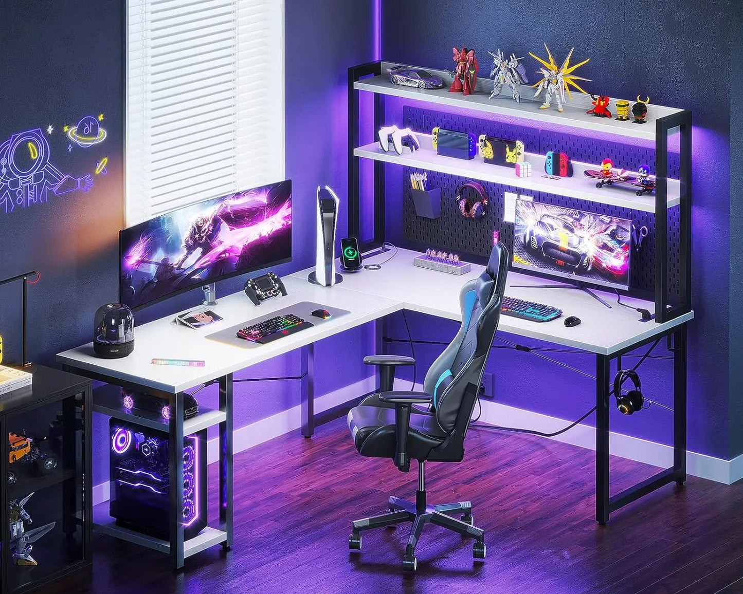 59 Inch L Shaped Gaming Desk with Hutch & Power Outlets & LED Strip & Monitor Stand, 59" Reversible Computer Desk with Storage