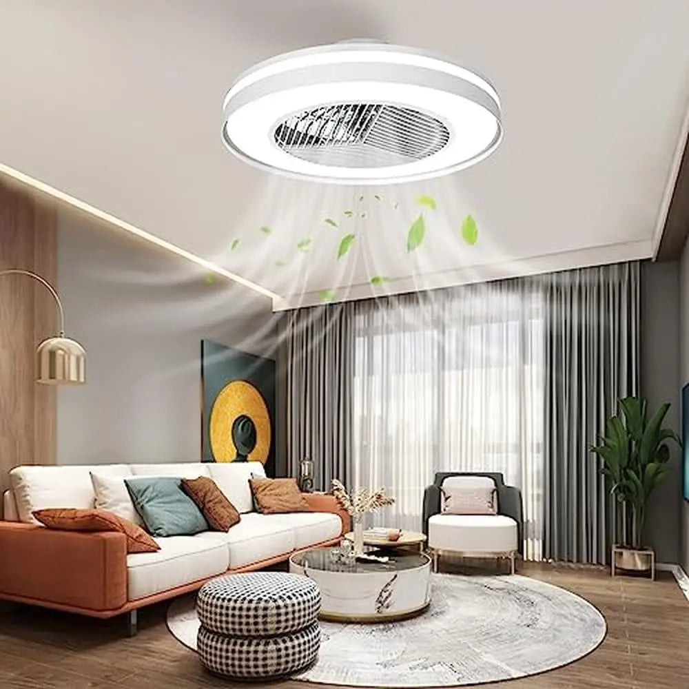 Ceiling Fan Light Remote Control 20'' Enclosed Bladeless Semi Flush Mount Wi-Fi Bluetooth White Iron ABS Acrylic Modern Style
