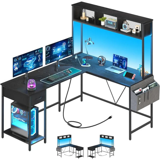 L Shaped Desk Gaming Desk with LED Strip Power Outlet,Reversible Computer Desks Storage Shelf  Drawer,Corner Storage Bag,Black