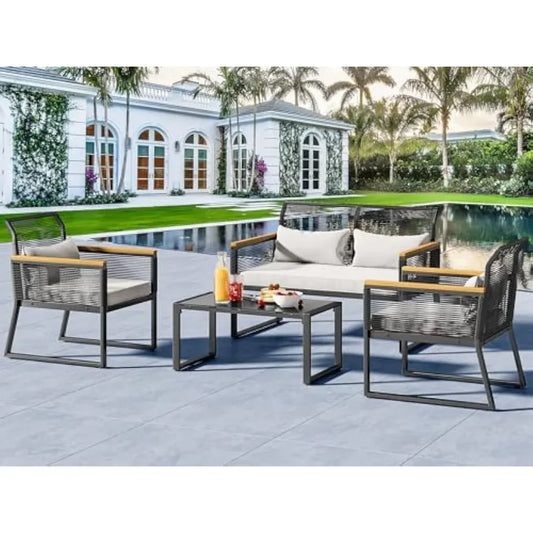 4pc Patio Furniture Set, Including Wicker Loveseat Set with Wooden Armrest and Glass Side Table for Poolside, Deck and Garden